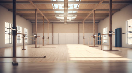 Empty school gym with parquet floor and wooden ladder fixed on concrete wall front view indoorの素材