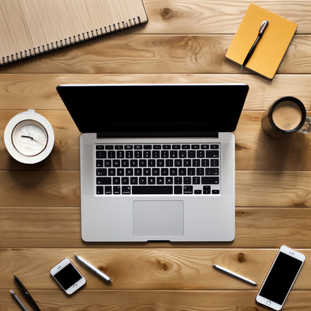 Office workplace with laptop on wooden table.の素材