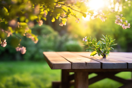 Wooden table in garden of spring timeの素材