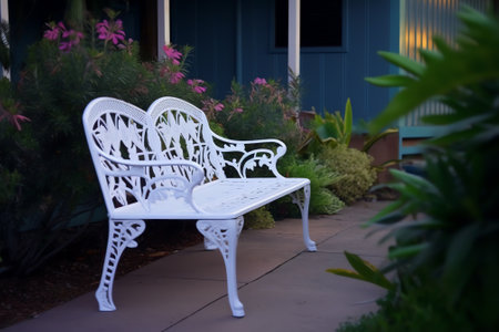 white benches in a green gardenの素材