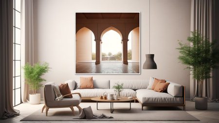 Illustration 3D rendering large luxury modern bright interiors Living room mockup computer digitallyの素材