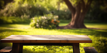 Empty bench with pillow and blanket around tree trunk in gardenの素材