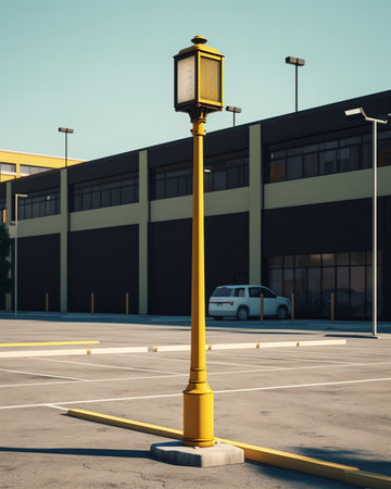 Yellow concrete wall with a streetlight in the middle. Sidewalk and asphalt road with parking in froの素材