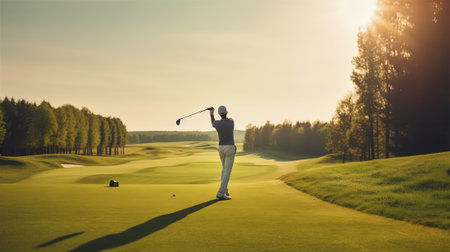 Golf course at sunset with beautiful sky. Scenic panoramic view of golf fairway. Golf field with pinの素材