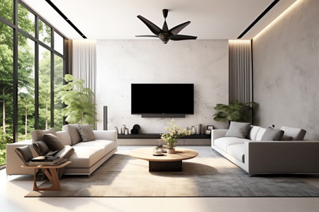 Modern contemporary loft style living room with tropical style garden view 3d render,The room has coの素材