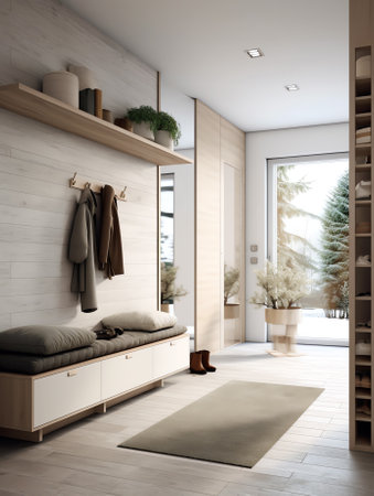 Nordic farmhouse hallway in white and beige tones. Wooden bench and coat rack. Glass, wallpaper andの素材