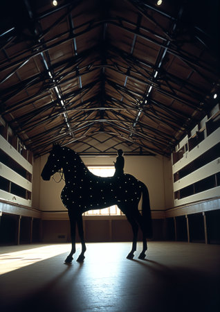Photo of an empty indoor riding hall for horses and riders. The riding school is suitable for dressaの素材