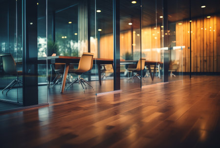 Businessman walking past dark wall business center with modern light conference room with wooden floの素材