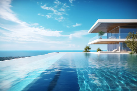 "L" shaped pool design in modern residence. Swimming pool with solar heating, clear and bluish on aの素材