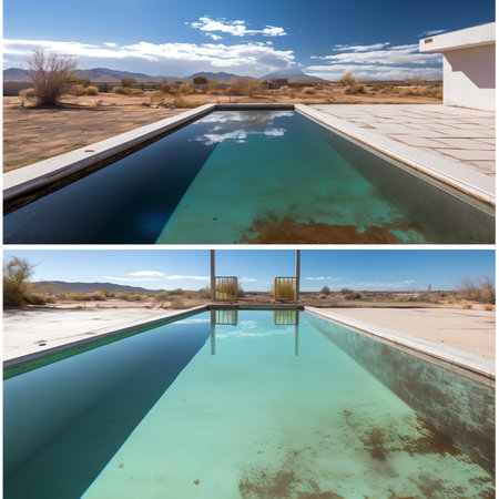 The swimming pool is dirty, has leaf litter and lack of maintenance.の素材