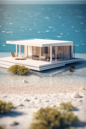 Beach house with empty cobblestone floor for car park. 3d rendering of green grass lawn in modern seの素材