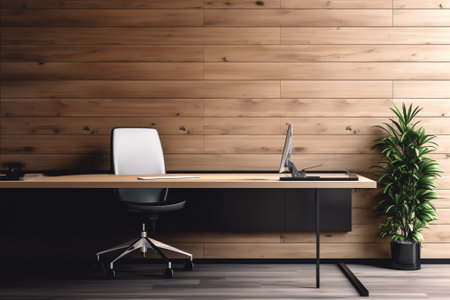 Interior of modern office with desks, plant and patterned wall, copy spaceの素材