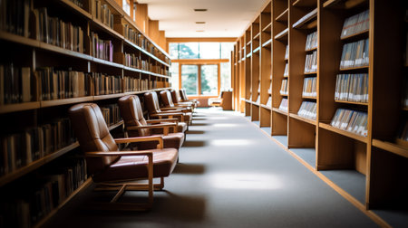 Tables and chairs in empty college libraryの素材