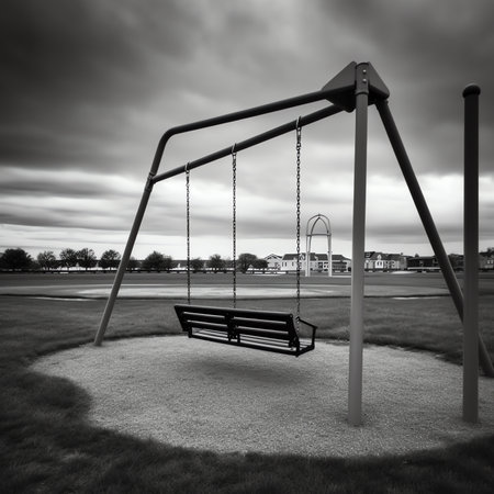 The black and white photo shows an empty playgroundの素材