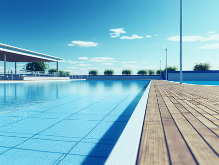 Blue tiled empty swimming pool on a sunny day without waterの素材