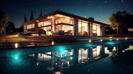 Modern villa with pool, night sceneの素材