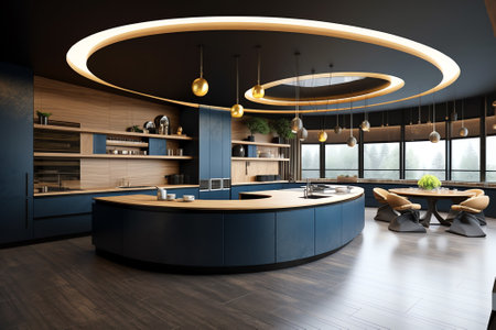 Modern luxury kitchen black golden tone with wooden tabletop spaceの素材