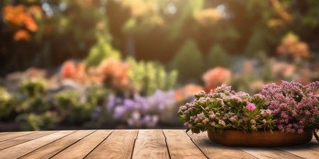 Old hardwood decking or flooring and plant in garden decorativeの素材