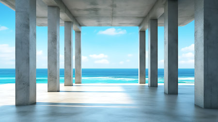 Empty concrete floor and gray wall. 3d rendering of sea view plaza with clear sky background.の素材