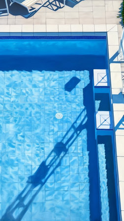 Blue tiled empty swimming pool on a sunny day without waterの素材