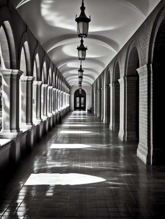 Palo Alto, California - October 14, 2020: Empty Archway Corridor of Law School Building at Stanfordの素材