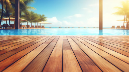 Empty outdoor wooden floor terrace near swimming pool and green grass garden in modern beach house oの素材
