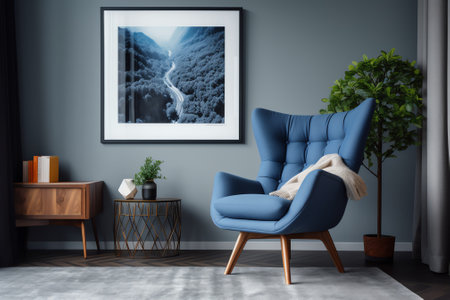 Interior with grey wall blue armchair and wood side tableの素材