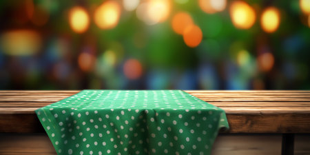 Green checkered kitchen towel on table over defocused curtain backgroundの素材