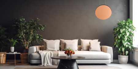 Modern interior design of a living room in an apartment, house, office, comfortable sofa, fresh flowの素材