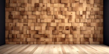 Wall in modern interior with wooden blocks and vertical garden. 3D illustration.の素材