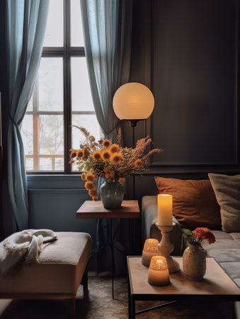 Modern interior design of a living room in an apartment, house, office, fresh flowers and bright modの素材