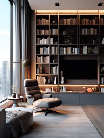 Modern stylish library with black furniture and variety of booksの素材