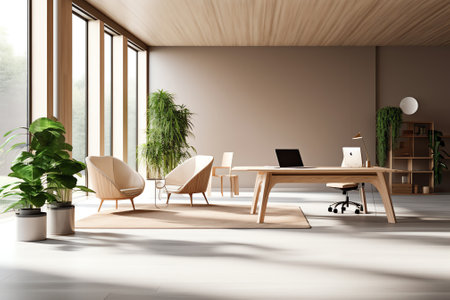 Blank light grey wall in sunny open space office with wooden floor and eco style furniture. Mockup.の素材
