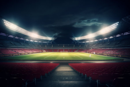 3D Rendering of soccer sport stadium, green grass during night match with crowd of audience and brigの素材