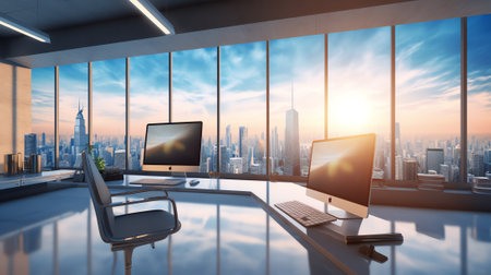 Modern unfurnished office interior with blank concrete wall and panoramic city view. Mock up, 3D Renの素材