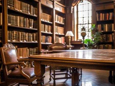 View of empty table and chairs by bookshelf in an old fashioned home libraryの素材
