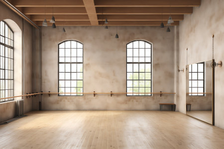 Wooden gymnastics crossbars ladder fixed on concrete wall in gymnasium indoor front viewの素材