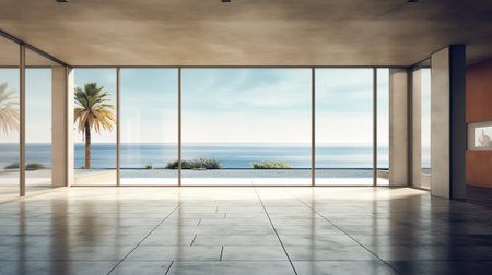 Empty concrete floor and gray wall building. 3d rendering of sea view plaza with clear sky backgrounの素材