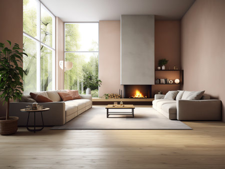 Living room with wood flooring, fireplace and sofaの素材