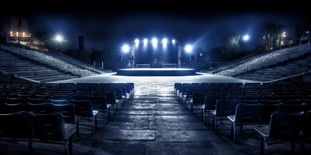 empty outdoor concert stage at night in a city parkの素材