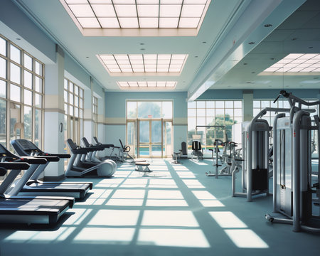 An empty modern gymnasium with a variety of equipment, offering a spacious, functional, and well-equの素材