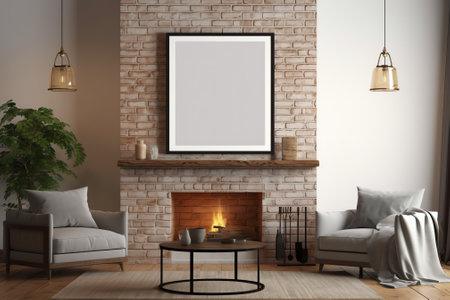 Scandinavian farmhouse style living room interior book library with fireplace. Mock up. 3d render ilの素材