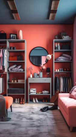walk -in closet with cloth and shelf at homeの素材