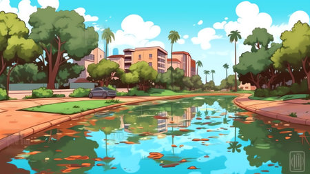 City park summer or spring time scenery landscape. Cityscape background, empty public place for walkの素材