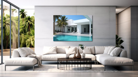 Mountain view empty large living room of luxury house with swimming pool near terrace. Big white walの素材