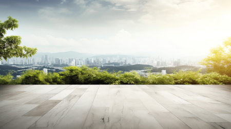 Asphalt road floor and big garden with sea view. 3d illustration of empty green grass lawn.の素材