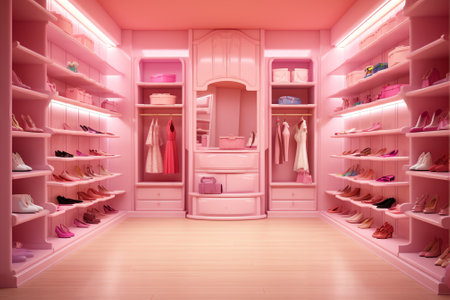 Front view of modern and large wardrobe in dressing room with fashionable woman clothes wear, shoesの素材