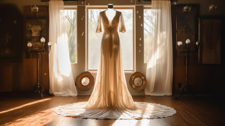 Wedding dress hanging in a brick alcoveの素材