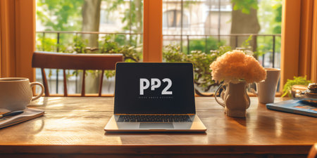 A laptop on the wooden table in the living room near to the garden.の素材