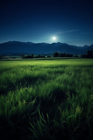 Night and the moon on a green fieldの素材